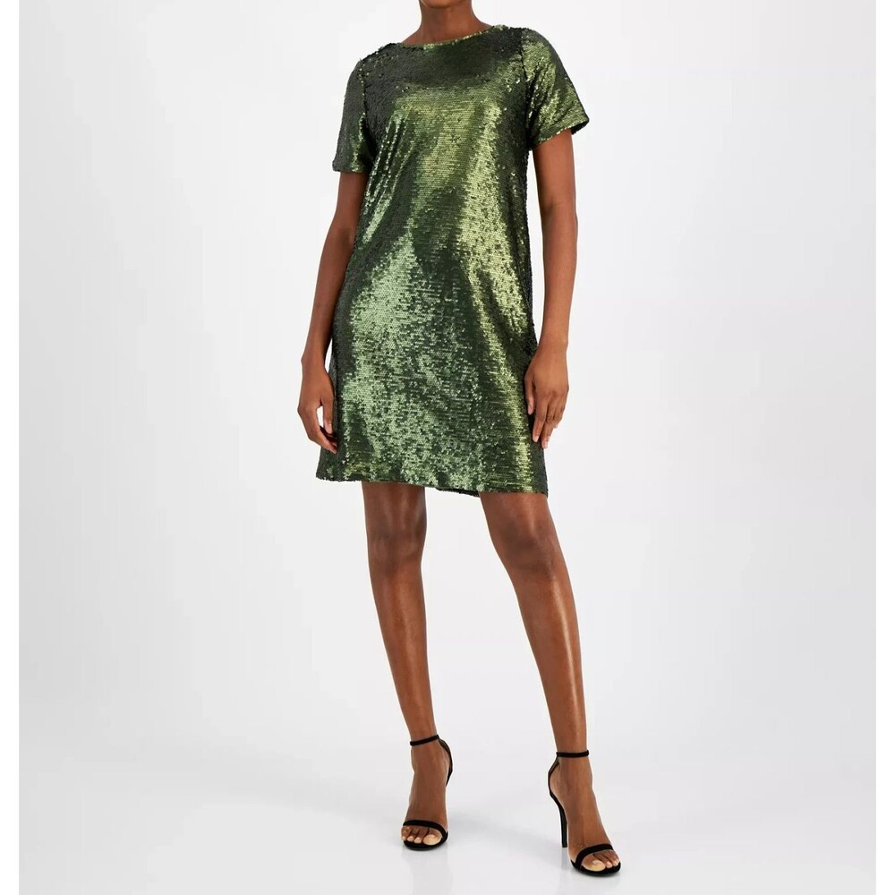 Anne Klein Women's Sequined Short-Sleeve Shift Dress Holiday Party Olive Green 8